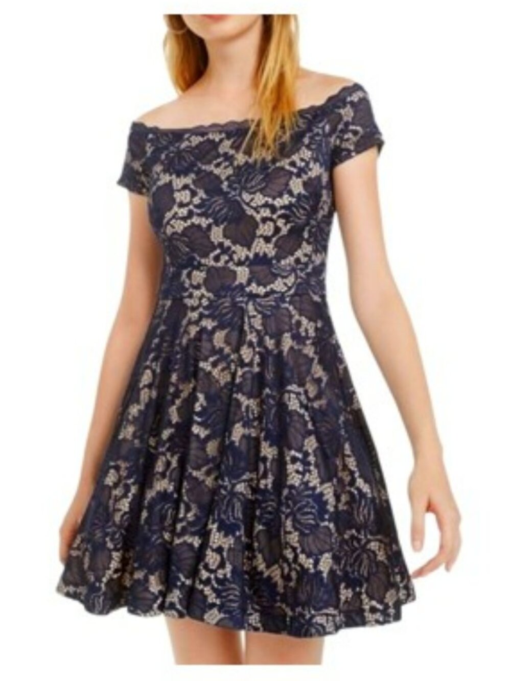 Women's Mini Dress Size 7 / 8 Navy Blue Lace Nude Formal Fit & Flare Evening